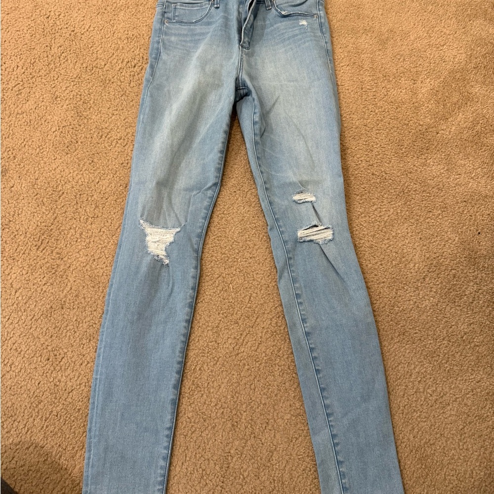 Abercrombie & Fitch Blue High-Rise Super Skinny Jeans Distressed Design